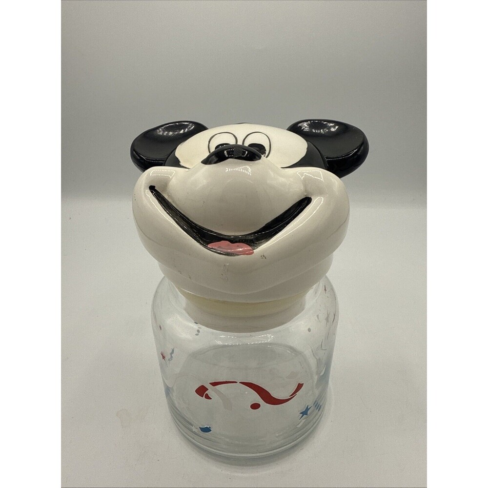 Vintage Walt Disney Mickey Mouse Jar Ceramic Top Clear Glass  Red White Blue 6”